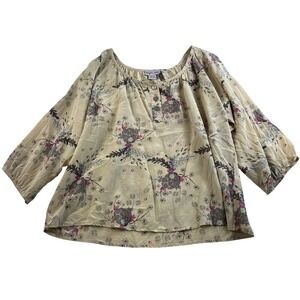 Bayla Jane Sz S Silk Top Blouse Popover Floral Print Women's Oversized Boxy Tan